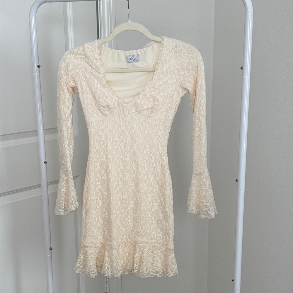 Oh Polly Long Sleeve Ruffled Lace Mini Dress (Ivory, XS)